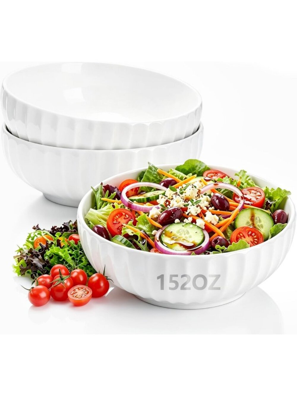 Extra Large 12'' Ceramic Mixing Bowl Set - 2 Ribbed Salad Bowls for Kitchen